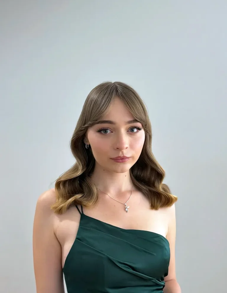 Woman in elegant green dress with styled wavy brown hair